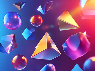 Poster - Floating Geometry: Vibrant, iridescent spheres and geometric shapes float in a dynamic, colorful composition.  The interplay of light and shadow creates a mesmerizing visual effect.