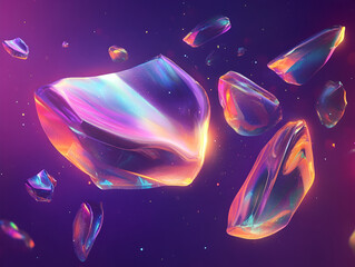 Poster - Iridescent Crystals in Space: Shimmering, iridescent crystals float in a cosmic void, their vibrant colors reflecting an otherworldly glow.