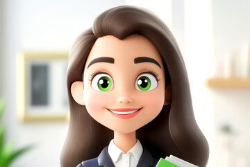 Wall Mural - A young businesswoman cartoon character smiling while holding documents in an office setting