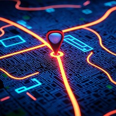 Poster - Focus on direction efficiency concept. Digital map with glowing navigation marker highlighting location.