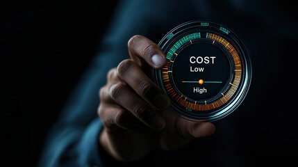 Leinwandbilder - person holding cost gauge displaying low to high levels, symbolizing financial assessment and decision making. image conveys sense of evaluation and analysis