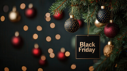 Aufkleber - Christmas tree with ornaments and sign for Black Friday sales, creating festive atmosphere. background features blurred lights, enhancing holiday spirit