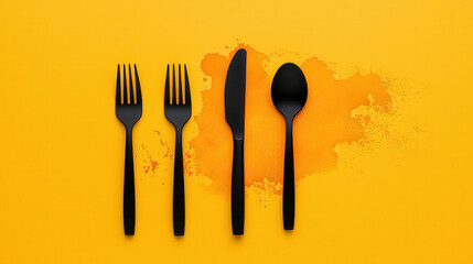 Fototapete - Minimalist image of black cutlery including fork, knife, and spoon on vibrant yellow background, creating striking visual contrast