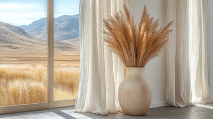 Wall Mural - Pampas grass vase, mountain view, interior design, home decor