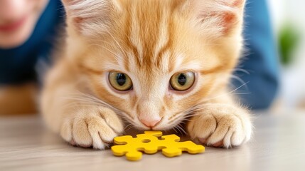 Wall Mural - Curious Orange Cat Investigating Yellow Puzzle Piece on Table