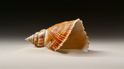 Leinwandbilder - realistic close up image of seashell resting on fine sand, showcasing intricate patterns and textures. warm colors and smooth surface evoke sense of tranquility and natural beauty