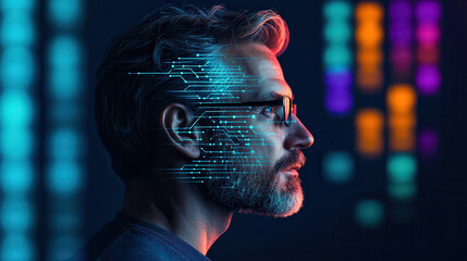 Aufkleber - middle aged man with short light hair and glasses is depicted in profile, with digital circuit patterns overlaying his face, symbolizing technology and innovation