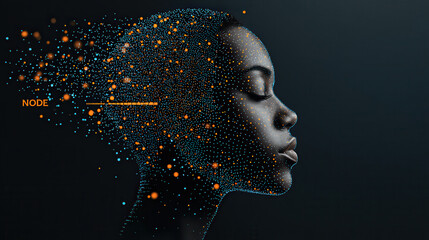 Aufkleber - digital face composed of glowing teal mesh and orange nodes, showcasing futuristic design. image evokes sense of technology and innovation