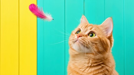 Wall Mural - Ginger Cat Gazing at Floating Pink Feather on Colorful Background