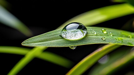 Poster - Closeup of a vibrant green leaf with a crystal drop nature scene macro photography fresh environment detailed view beauty