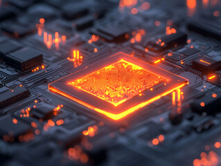 Poster - Glowing Processor Core: A close-up, abstract image of a computer processor's core glowing intensely with orange light, suggesting power, speed, and technological advancement.