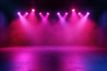 Wall Mural - Empty stage with pink and blue lights, smoke. Background is dark. Suitable for events