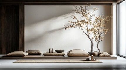 Aufkleber - Minimalist meditation setup in soft neutral tones tranquil space interior design peaceful environment relaxing viewpoint