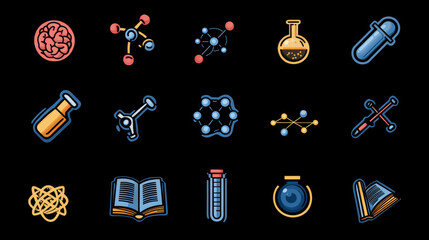 Poster - Science research flat icons created a round badge with microscope, atom, DNA, molecule, book, scientist, laboratory flask, chemical formula, telescope, planet, brain cell and magnet field