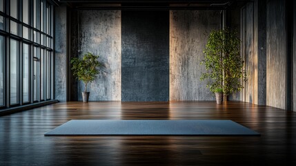 Poster - Calm yoga session in a minimalist space with wooden floors and soft mat urban studio serenity natural light