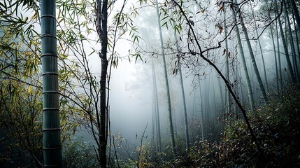 Poster - Serene morning mist in bamboo forest nature photography tranquil environment soft light viewpoint