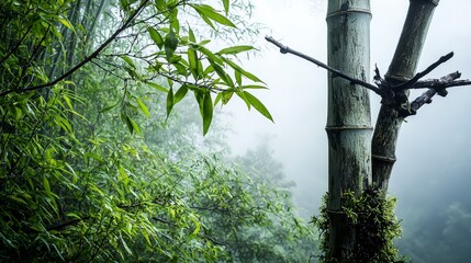 Poster - Misty bamboo forest with soft morning light filtering through lush greenery nature photography serene landscape tranquil view