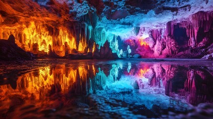 Poster - Vibrant abstract landscape, colorful reflections on water, dynamic hues of orange, blue, and purple enhance visual impact.