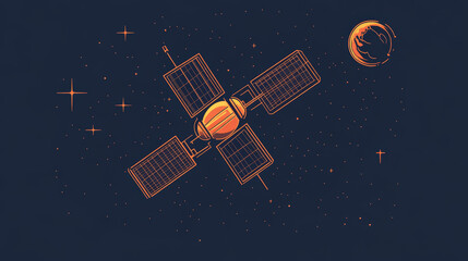 Poster - Space satellite technology outline icon. Internet and radio broadcast, communication satellite and astronomy science space research thin line vector pictogram or linear symbol