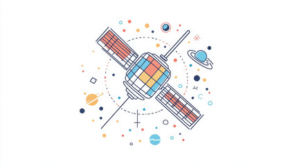 Poster - Space satellite technology outline icon. Internet and radio broadcast, communication satellite and astronomy science space research thin line vector pictogram or linear symbol