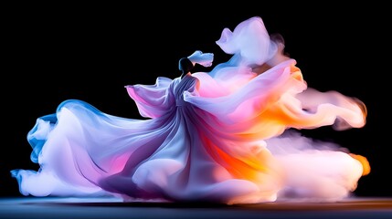 Canvas Print - Woman in Flowing Pastel Dress Amidst Colorful Smoke, Dramatic Lighting, Abstract Artistic Render