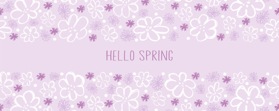 Hello  Spring. Trendy floral template with hand drawn spring flowers. Great for seasonal posters, greeting cards, banners or invitations.