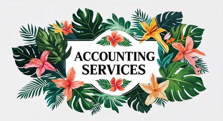 Wall Mural - accounting services lettering with tropical plants leaves and flowers design on plain white background