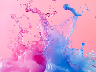 Poster - Pink and Blue Liquid Collision: An abstract image showcasing a vibrant collision of pink and blue liquids, creating a dynamic and visually captivating splash.