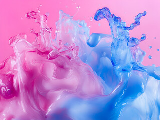 Poster - Pink and Blue Liquid Collision: Abstract close-up of vibrant pink and blue liquids colliding and splashing, creating a dynamic and visually striking image.