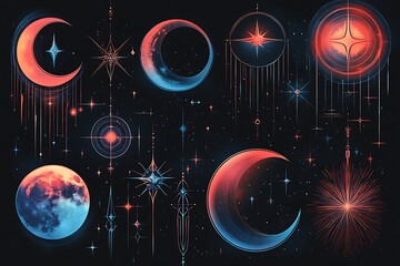 line art and solar scheme. moons, suns and stars for astronomy and mystical designs. esoteric icons