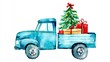 © Irina B - Watercolor illustration of a vintage blue truck loaded with a Christmas tree and holiday gifts, symbolizing winter festivity and tradition..