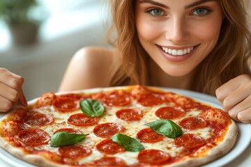 Woman holding delicious pepperoni pizza with basil leaves