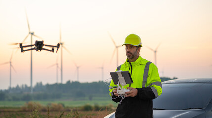 Wall Mural - engineer specialists pilot drone on wind turbine farm. architectural engineer and safety engineering