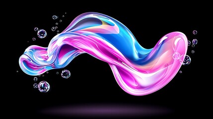 Poster - Abstract Colorful Liquid Wave with Bubbles, Iridescent and Glossy Pink and Blue Flowing Design