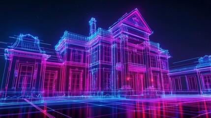 Aufkleber - Futuristic Wireframe Building Blueprint with Glowing Neon Lights Against Starry Night
