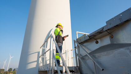 Wall Mural - engineer wearing uniform inspection and survey work in wind turbine farms rotation to generate elect