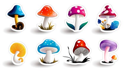 Wall Mural - Colorful Cartoon Mushroom Illustration Set on White Background