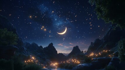 Wall Mural - a magical night sky filled with glowing constellations and a bright crescent moon. picture