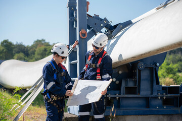 Wall Mural - engineer team working in wind turbine farm. maintenance engineer working in wind turbine.