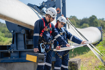 Wall Mural - engineer team working in wind turbine farm. maintenance engineer working in wind turbine.
