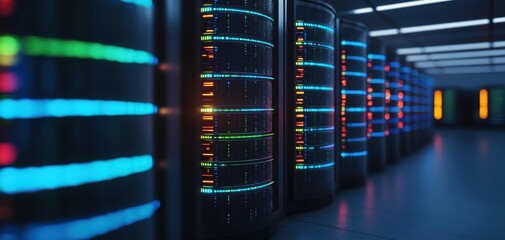 Poster - A high-tech data hub glowing with neon blue and green lights, with holographic nodes and pathways forming a futuristic abstract network