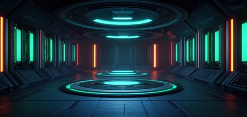 Poster - A high-tech data hub glowing with neon blue and green lights, with holographic nodes and pathways forming a futuristic abstract network