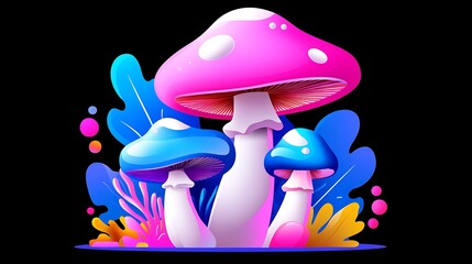 Wall Mural - Vibrant Pink and Blue Glowing Mushrooms with Abstract Leaves