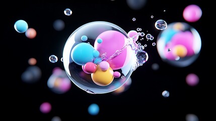 Sticker - Vibrant Colorful Spheres Floating in Transparent Bubbles Abstract 3D Digital Art Background