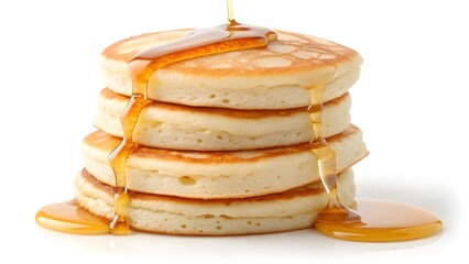 Wall Mural - A stack of fluffy pancakes with maple syrup drizzling, isolated on a white background 