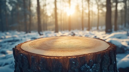 Poster - Snowy forest sunrise; wood stump display