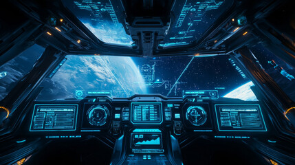 Poster - Spaceship radar screen interface or HUD dashboard of control panel, vector background. Futuristic spaceship dashboard UI for game, HUD technology virtual display with information boxes and target aims
