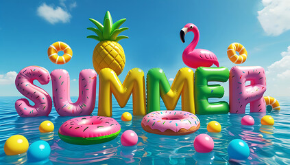 Poster - summer 3d text inflated lettering design with summer elements. 3d swim pool party background. 3d cute cartoon summer pool floats