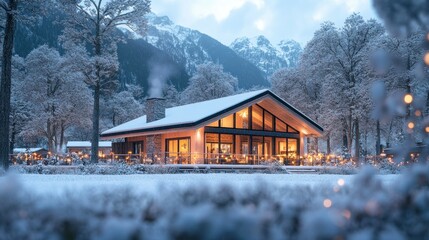 Poster - Snowy mountain cabin, evening lights, winter wonderland, holiday rental