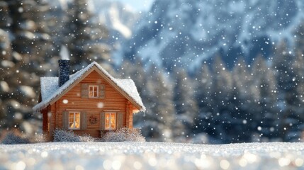 Poster - Snowy mountain cabin, winter wonderland scene